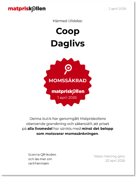 Fiktivt exempel av Matpriskollens momss&auml;krad-certifikat som kommer att h&auml;ngas i moss&auml;krade butiker.